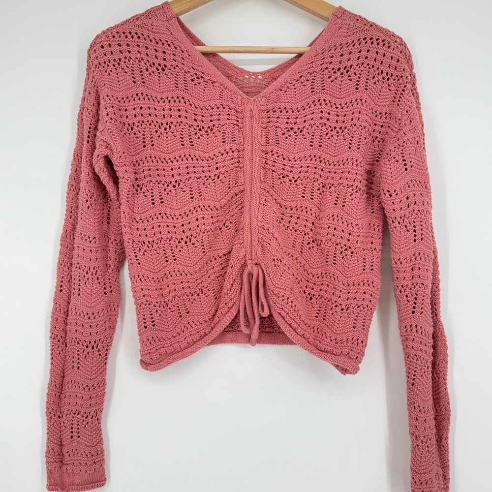 Jessica Simpson Cinch Front Crochet Long Sleeve Top Sweater XS‎